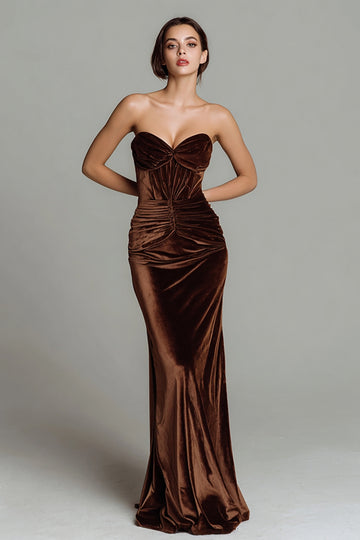 Brown Sweetheart Velvet Corset Long Formal Dress